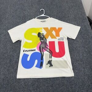 Playboy T-Shirt Mens M Cream Cotton Sexy Soul Roller Girl Graphic Streetwear
